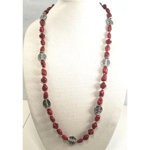 Premier Designs Necklace Red Stone and Silver Scroll Disc Beads 36 Long